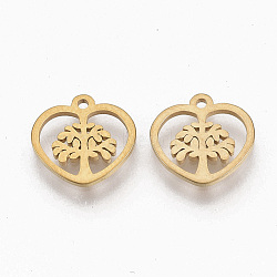 201 Stainless Steel Charms, Heart with Tree of Life, Golden, 10x10x1mm, Hole: 1mm(STAS-T050-021G)