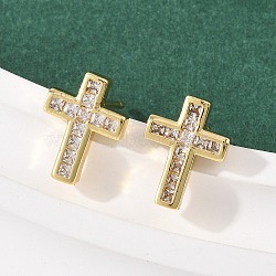 Brass Micro Pave Clear Cubic Zirconia Cross Stud Earrings, Long-Lasting Plate, Rack Plating, Lead Free & Cadmium Free, Real 18K Gold Plated, 13x9.5mm(EJEW-F400-22B-G)