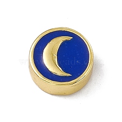 Real 18K Gold Plated Brass Enamel Beads, Long-Lasting Plated, Cadmium Free & Lead Free, Flat Round with Moon, Blue, 11x4.5mm, Hole: 1.8mm(KK-A170-01G-01)