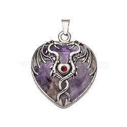 Natural Amethyst Pendants, with Zinc Alloy Findings, Heart with Dragon, 32x31mm(X-PW-WG50940-01)