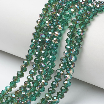 Electroplate Glass Beads Strands, Half Plated, Rainbow Plated, Faceted, Rondelle, Teal, 6x5mm, Hole: 1mm, about 85~88pcs/strand, 16.1~16.5 inch(41~42cm)