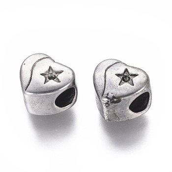 304 Stainless Steel European Bead Rhinestone Settings, Large Hole Beads, Heart with Star, Antique Silver, 10x11x8mm, Hole: 5mm, Fit For 1mm Rhinestone