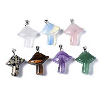 Natural Mixed Gemstone Pendants, with Stainless Steel Snap On Bails, Mushroom, Stainless Steel Color, 27.5~28.5x23~25x9.5~10.5mm, Hole: 3x5mm