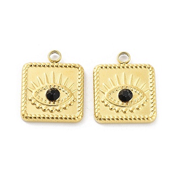 Ion Plating(IP) 316L Surgical Stainless Steel Pendants, with Jet Rhinestone, Square with Eye Charms, Real 18K Gold Plated, 16x13x2mm, Hole: 1.8mm