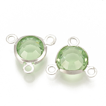 Glass Charms, with 304 Stainless Steel Finding, Flat Round, Faceted, Stainless Steel Color, Light Green, 12x13x4mm, Hole: 1.5mm