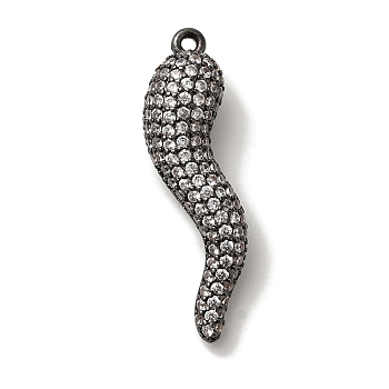 Rack Plating Brass Micro Pave Cubic Zirconia Pendant, Cadmium Free & Lead Free, Long-Lasting Plated, Horn of Plenty/Italian Horn Cornicello Charms, Gunmetal, 30.5x12x7mm, Hole: 1.2mm