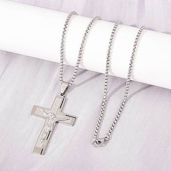 Religion 201 Stainless Steel Jesus Cross Pendant 304 Stainless Steel Box Chain Necklaces, Tarnish Free, Stainless Steel Color, 23.43 inch(59.5cm)