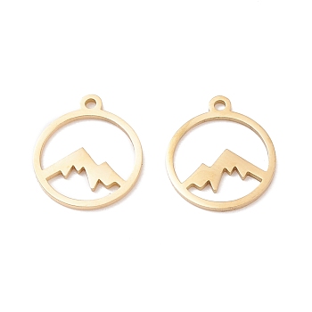 304 Stainless Steel Charms, Laser Cut, Hollow, Flat Round with Mountain, Golden, 14x12x1mm, Hole: 1.2mm