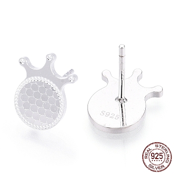 925 Sterling Silver Stud Earrings, Crown, Nickel Free, with S925 Stamp, Silver, 12x9.5mm, Pin: 0.9mm