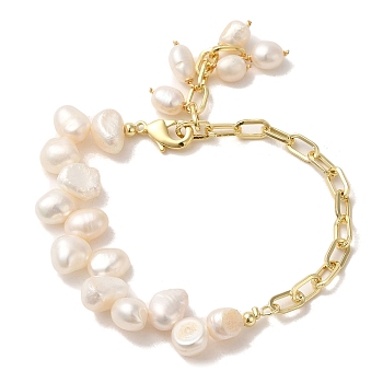 Natural Pearl Charm Bracelets, with Brass Paperclip Chains, Real 14K Gold Plated, 6-3/8 inch(16.2cm)