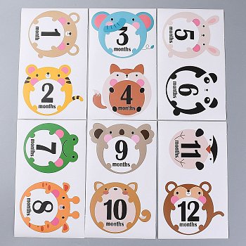1~12 Months Number Themes Baby Milestone Stickers, Month Stickers for Baby Girl, Animal Pattern, 220x110mm, 2pc/Sheet, 12pcs/Set