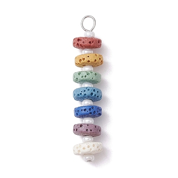 Chakra Natural Lava Rock Dyed Beaded Pendants, with White Glass Seed Beads, Disc Charms, Platinum, 43x8mm, Hole: 2.5mm