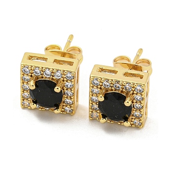 Brass Micro Pave Cubic Zirconia Ear Studs, Square, Real 18K Gold Plated, 9.5x9.5mm