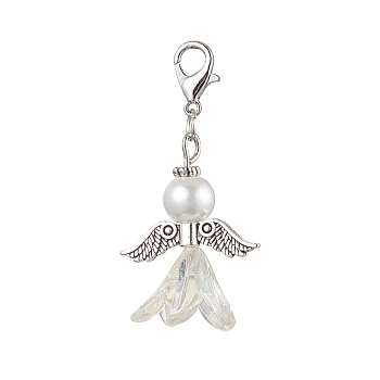 Wedding Season Angel Glass Pearl & Acrylic Pendant Decorations, Zinc Alloy Lobster Claw Clasps Charms for Bag Key Chain Ornaments, White, 44mm, Pendant: 30x22x16mm