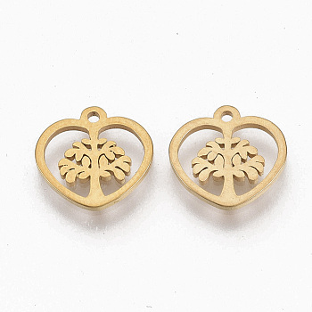 201 Stainless Steel Charms, Heart with Tree of Life, Golden, 10x10x1mm, Hole: 1mm