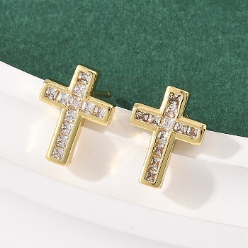 Brass Micro Pave Clear Cubic Zirconia Cross Stud Earrings, Long-Lasting Plate, Rack Plating, Lead Free & Cadmium Free, Real 18K Gold Plated, 13x9.5mm