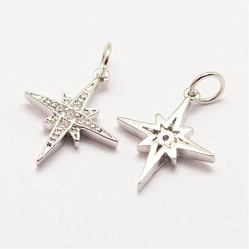 Brass Micro Pave Grade AAA Cubic Zirconia Pendants, Long-Lasting Plated, Star, Cadmium Free & Nickel Free & Lead Free, Real Platinum Plated, 16x14x2mm, Hole: 3mm