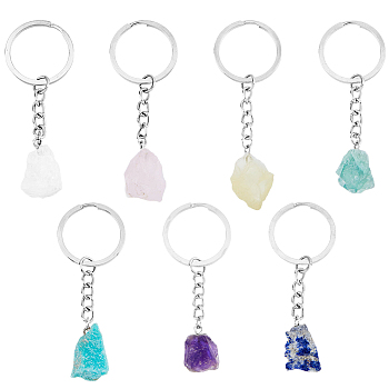 7Pcs 7 Styles Natural Gemstone Keychain, with 201 Stainless Steel Finding, 7.5~8cm, 1pc/style
