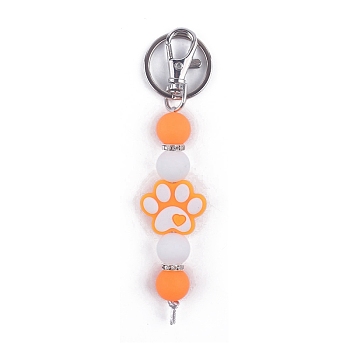 Round & Dog Paw Print Silicone Beaded Keychain, with Iron Findings, for Car Backpack Pendant Accessories, Sandy Brown, 11.5cm