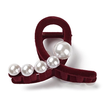 Flocking Plastic Claw Hair Clip, with Plastic Imitation Pearls, for Women Girls Thick Hair, Dark Red, 82x60x47mm