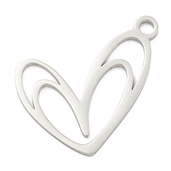 304 Stainless Steel Pendants, Laser Cut, Heart Charm, Stainless Steel Color, 17x22x1mm, Hole: 2.5mm