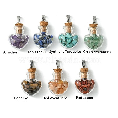 7Pcs 7 Styles Natural & Synthetic Mixed Stone Chip Heart Glass Wishing Bottle Pendants(PALLOY-JF02502)-2