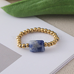 Adjustable Natural Blue Spot Jasper with Stainless Steel Bead Finger Rings, Golden, Inner Diameter: Adjustable(MA1477-6)