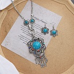 Vintage Ethnic Bohemian Style Alloy & Resin Pendant Necklace & Dangle Earrings Sets, Antique Silver, Flower, 500mm(FS-WGADC17-05)