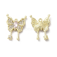 Alloy Crystal Rhinestone Pendant, with Glass, Light Gold, Lead Free & Cadmium Free, Butterfly Charm, Pink, 22.5x17x3mm, Hole: 1.4mm(PALLOY-K001-079G-02)
