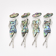 Abalone Shell/Paua Shell Brooches/Pendants, with Alloy Findings and Resin Bottom, Woman, Platinum, Colorful, 81x25x10.5mm, Hole: 6.5x5mm, Pin: 0.6mm(SHEL-S275-52A)