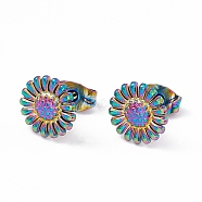 Ion Plating(IP) 304 Stainless Steel Sunflower Stud Earrings for Women, Rainbow Color, 9.5mm, Pin: 0.6mm(EJEW-G338-05M)