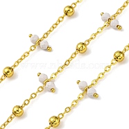 Handmade Faceted Natural Howlite Beaded Chains, Soldered, with Spool, Long-Lasting Plated, Real 18K Gold Plated, Lead Free & Cadmium Free, Links: 9.5x2.5~3mm, Beads: 4mm(CHC-L050-02G-06)