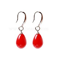 Glass Teardrop Imitaion Carnelian Dangle Earrings, with Brass Earring Hooks, Red, Platinum, 35mm, Pin: 0.9mm(EJEW-BB65835-A)