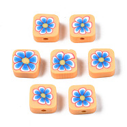 Handmade Polymer Clay Beads, for DIY Jewelry Crafts Supplies, Square with Flower, Deep Sky Blue, 9~9.5x9.5x4~4.5mm, Hole: 1.8mm(CLAY-N008-034F)