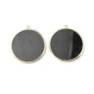 Natural Black Agate Pendants, with Brass Findings, Flat Round, Golden, 32~34x28.5~31x2mm, Hole: 1.6mm(G-E526-10O)