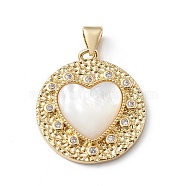 Rack Plating Brass Micro Pave Cubic Zirconia Pendants, with Shell, Long-Lasting Plated, Cadmium Free & Lead Free, Hammered Flat Round with Heart Charm, Real 18K Gold Plated, 25x22x4mm, Hole: 5x3mm(KK-E003-27G)