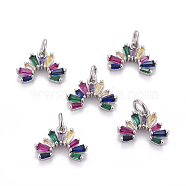 Brass Micro Pave Cubic Zirconia Charms, with Jump Rings, Rainbow, Colorful, Platinum, 10x13.5x2.5mm, Hole: 2.5mm(ZIRC-L070-53P)