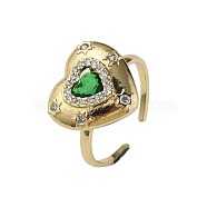 Cubic Zirconia Heart Open Cuff Ring, Real 18K Gold Plated Brass Jewelry for Women, Nickel Free, Green, US Size 8 1/4(18.3mm)(RJEW-N035-127C)