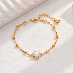 Fashionable Brass Pave Clear Cubic Zirconia Ball Cable Chain Bracelets, Imitation Peal Flower Bracelets, Real 18K Gold Plated, 7-1/8 inch(18cm)(MT7200)