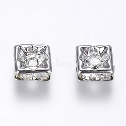 Brass Rhinestone Spacer Beads, Grade A, Nickel Free, Platinum Metal Color, Square, Crystal, 6x6x3mm, Hole: 1mm(RB-A013-6x6-01P-NF)