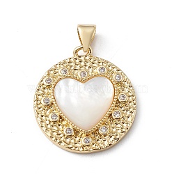 Rack Plating Brass Micro Pave Cubic Zirconia Pendants, with Shell, Long-Lasting Plated, Cadmium Free & Lead Free, Hammered Flat Round with Heart Charm, Real 18K Gold Plated, 25x22x4mm, Hole: 5x3mm(KK-E003-27G)