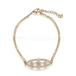 Brass Micro Pave Clear Cubic Zirconia Link Bracelets, with 304 Stainless Steel Cable Chains, Oval with Flower, Golden, 7-1/2 inch(19cm)(BJEW-Z003-06G)