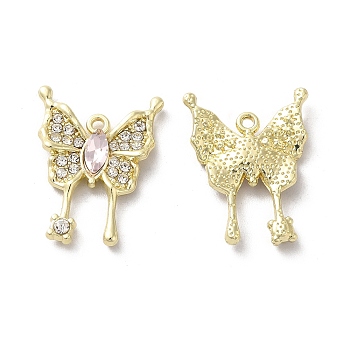 Alloy Crystal Rhinestone Pendant, with Glass, Light Gold, Lead Free & Cadmium Free, Butterfly Charm, Pink, 22.5x17x3mm, Hole: 1.4mm