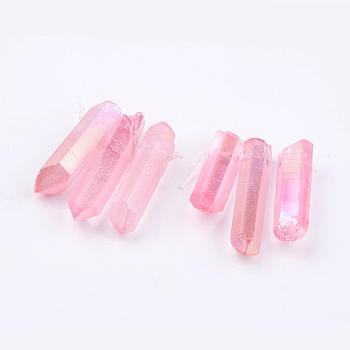 Electroplated Natural Quartz Crystal Graduated Beads Strands, Nuggets, Pink, 21~43x5~13mm, Hole: 1mm, 3pcs/set