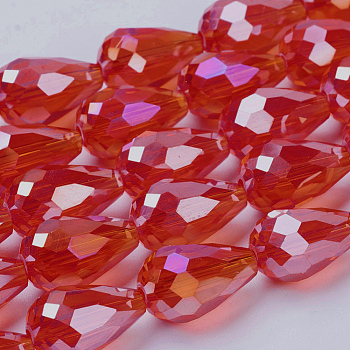 Electroplate Glass Beads Strands, AB Color Plated, Faceted Teardrop, Red, 15x10mm, Hole: 1mm, 50pcs/strand, 27.1 inch