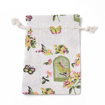 Burlap Packing Pouches, Drawstring Bags, Rectangle with Birdcage Pattern, Colorful, 14~14.4x10~10.2cm