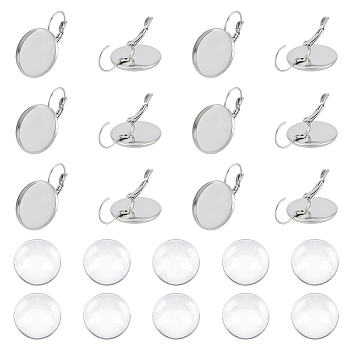 20Pcs 304 Stainless Steel Leverback Earring Findings, with Flat Round Setting, with 20Pcs Transparent Glass Cabochons, Stainless Steel Color, Tray: 20mm, 19.5~33.5x5.5~21.5mm, Pin: 0.8mm