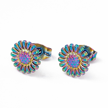 Ion Plating(IP) 304 Stainless Steel Sunflower Stud Earrings for Women, Rainbow Color, 9.5mm, Pin: 0.6mm