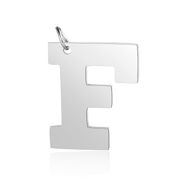 201 Stainless Steel Pendants, Letter, Stainless Steel Color, Letter.F, 29.5x25x1.5mm, Hole: 4.5mm