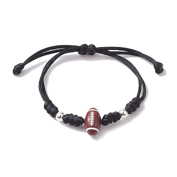 Adjustable Nylon Thread Braided Bead Bracelets, with Acrylic & Alloy Beads, Rugby, Inner Diameter: 3-5/8 inch(9.3cm)